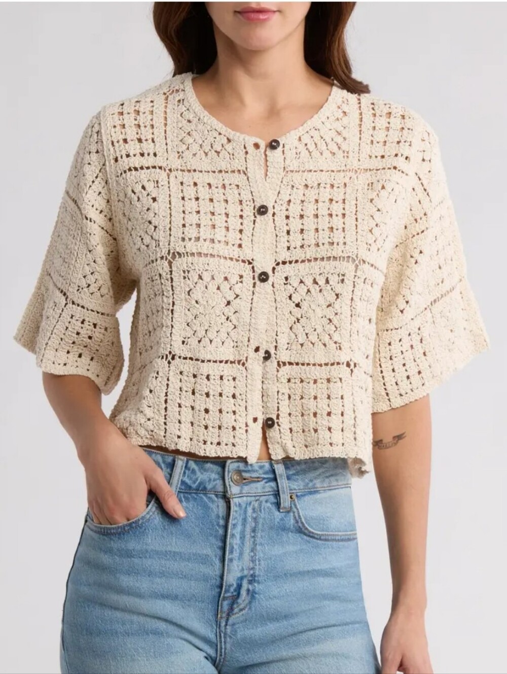 216.Liv Los Angeles Crochet Button-Front Cream Cardigan